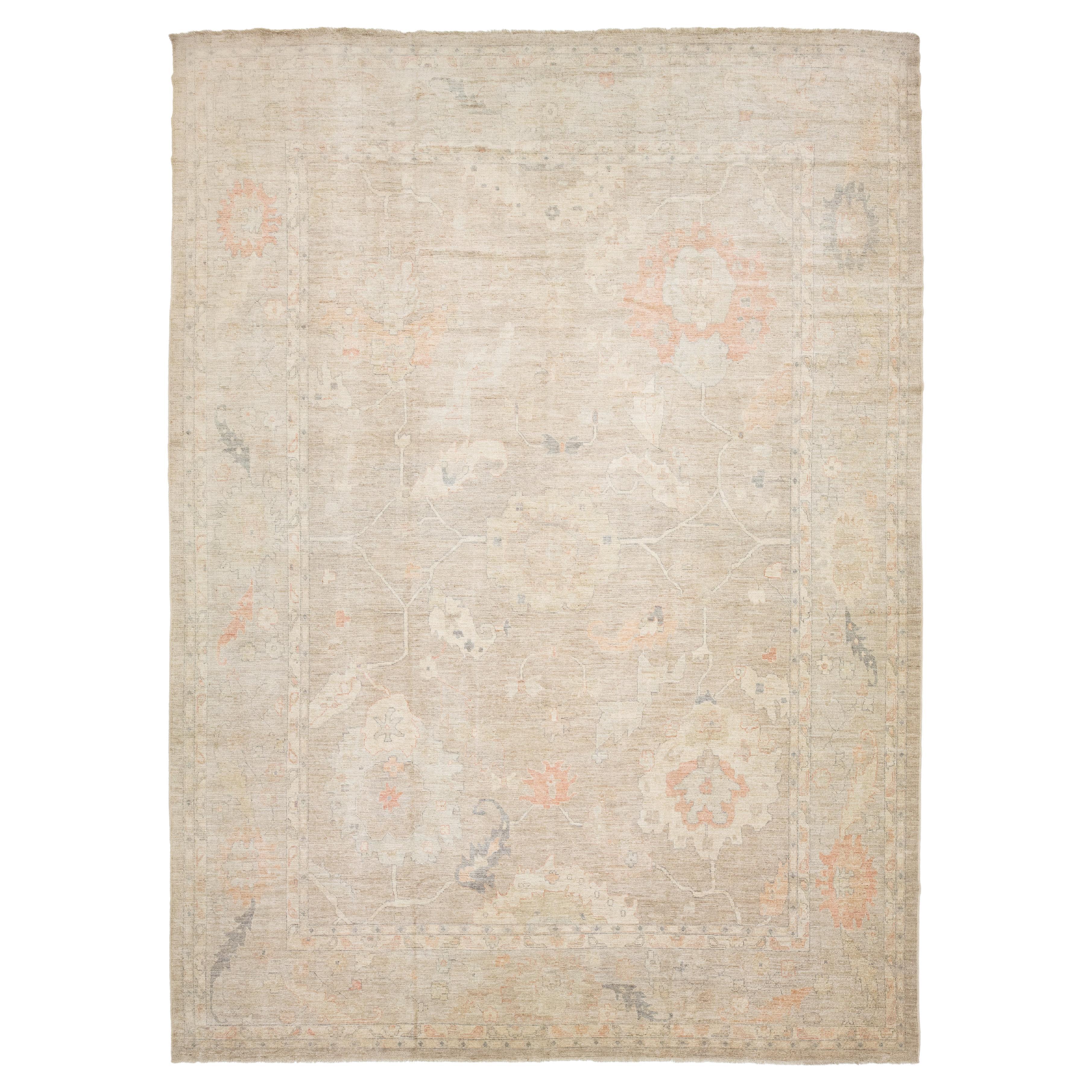 14x19 Modern Oushak Style Wool Area Rug in Muted Sand, Terracotta, and Sage