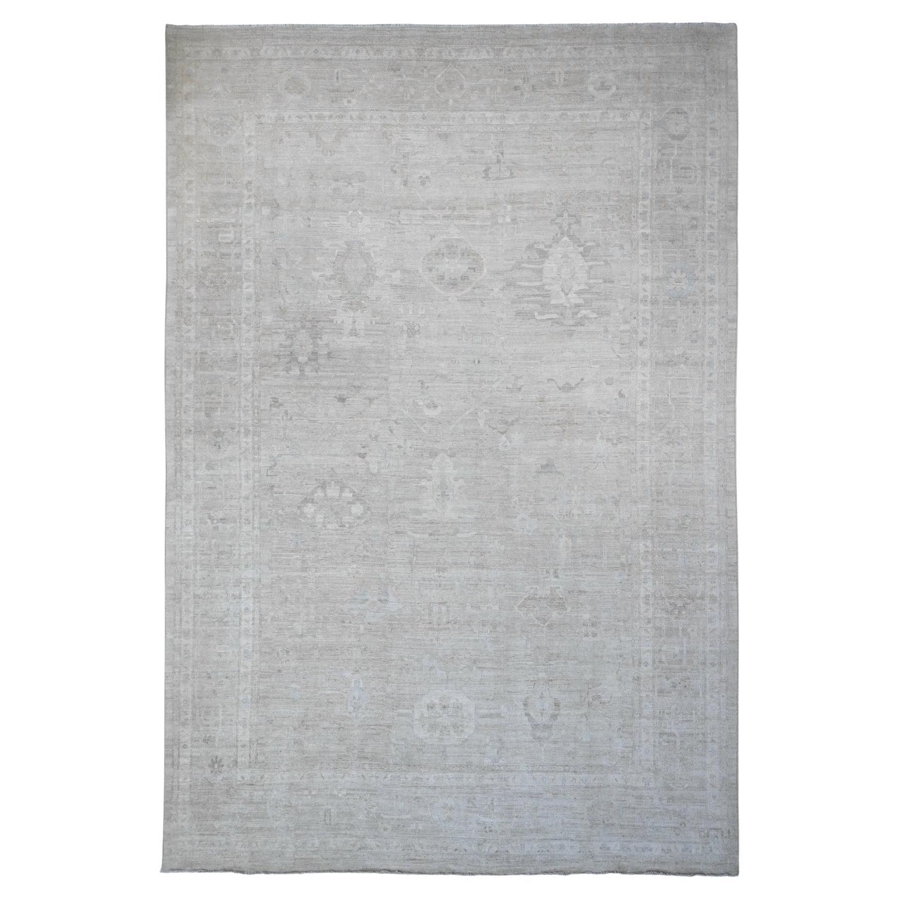 14'x19'6" Gray Afghan Angora Oushak Leaf Design Hand Knotted 100% Wool XL Rug