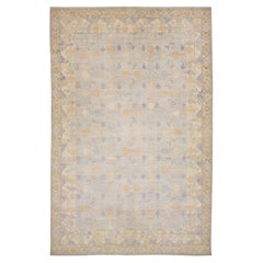 14x21 Modern Khotan HandKnotted Wool Rug – Blue, Ivory & Gold Pomegranate Design