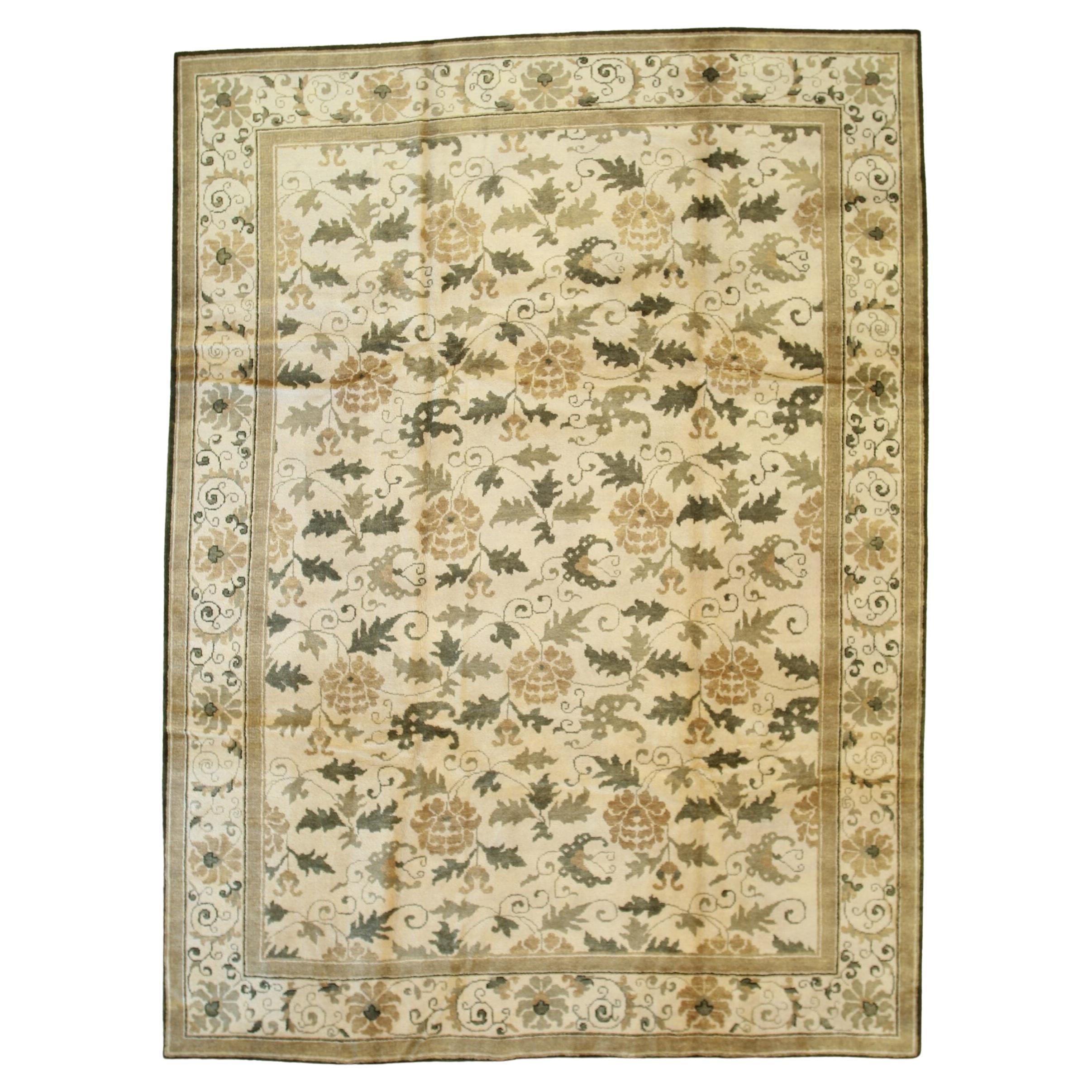 14x23 Ivory Hand-Knotted Wool Floral Scrollwork Geometric Modern Carpet Rug