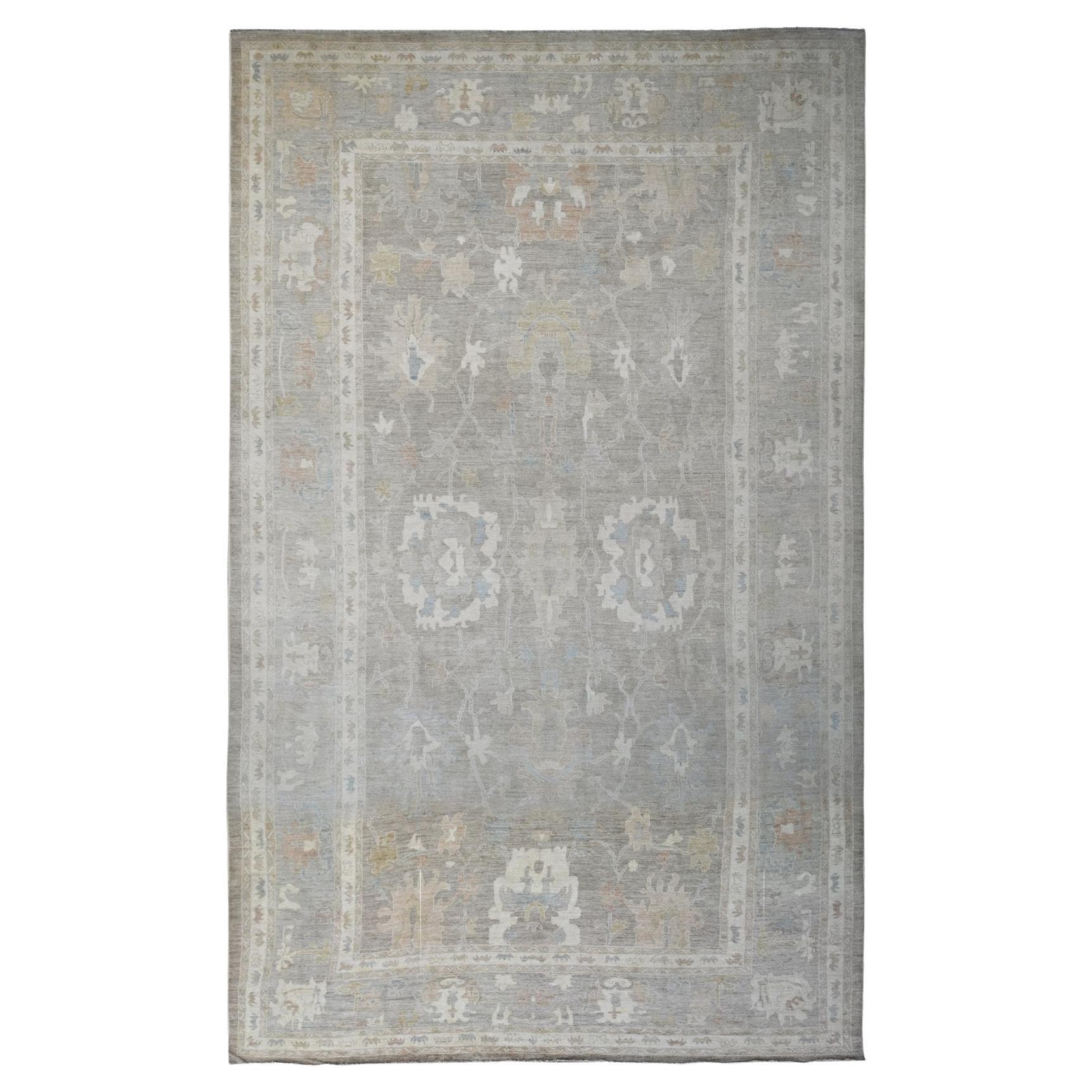 14
x23
3" Brown Wool Afghan Angora Oushak with Leaf Design Hand Knotted XL Rug For Sale