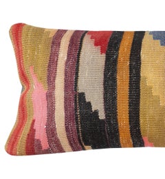 14"x28" Colorful Vintage Kilim Cushion Cover. Hand-Woven Lumbar Pillow Cover