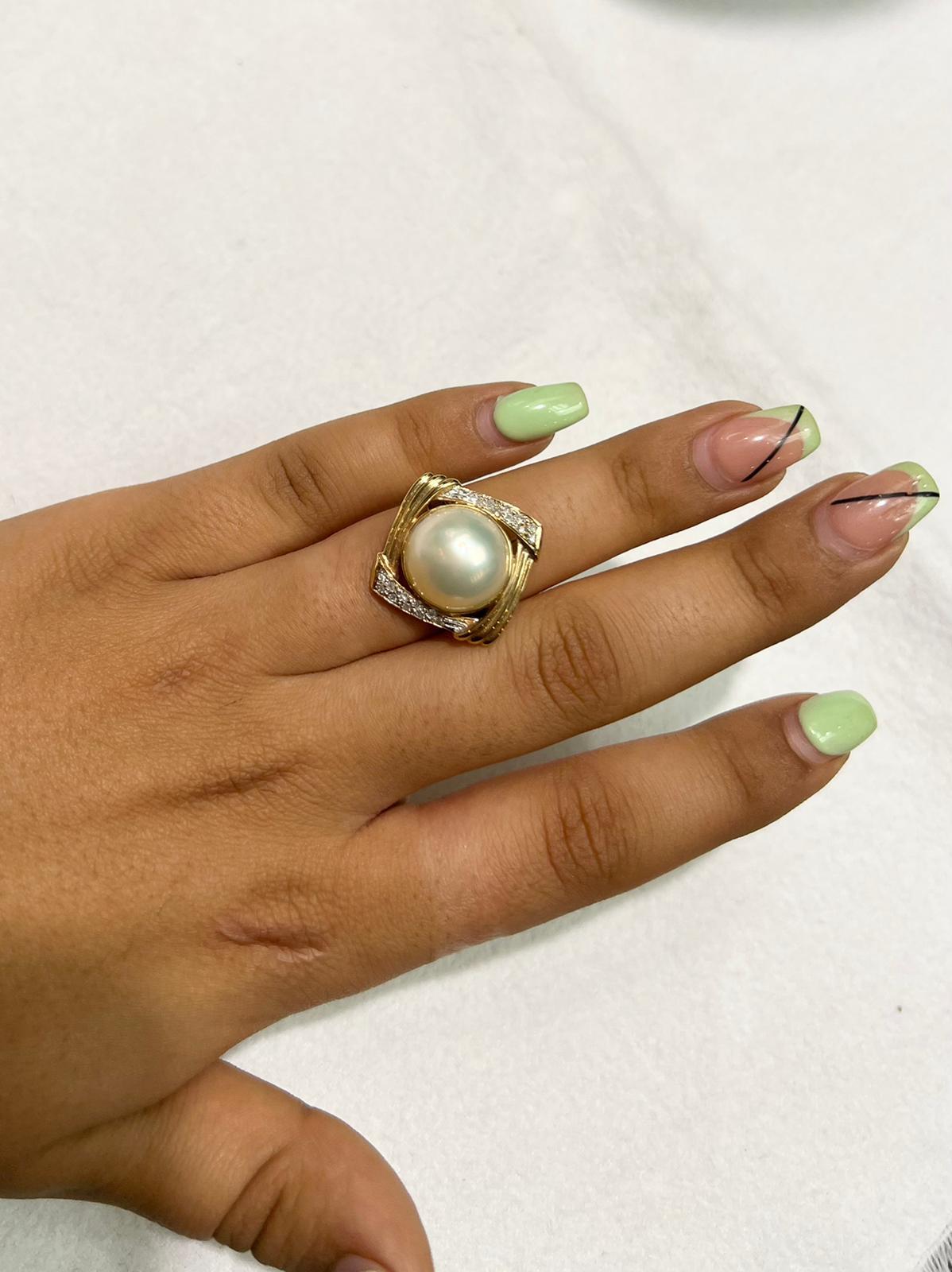 Women's Mabe Pearl with 14k Yellow Gold Ring with Diamonds For Sale