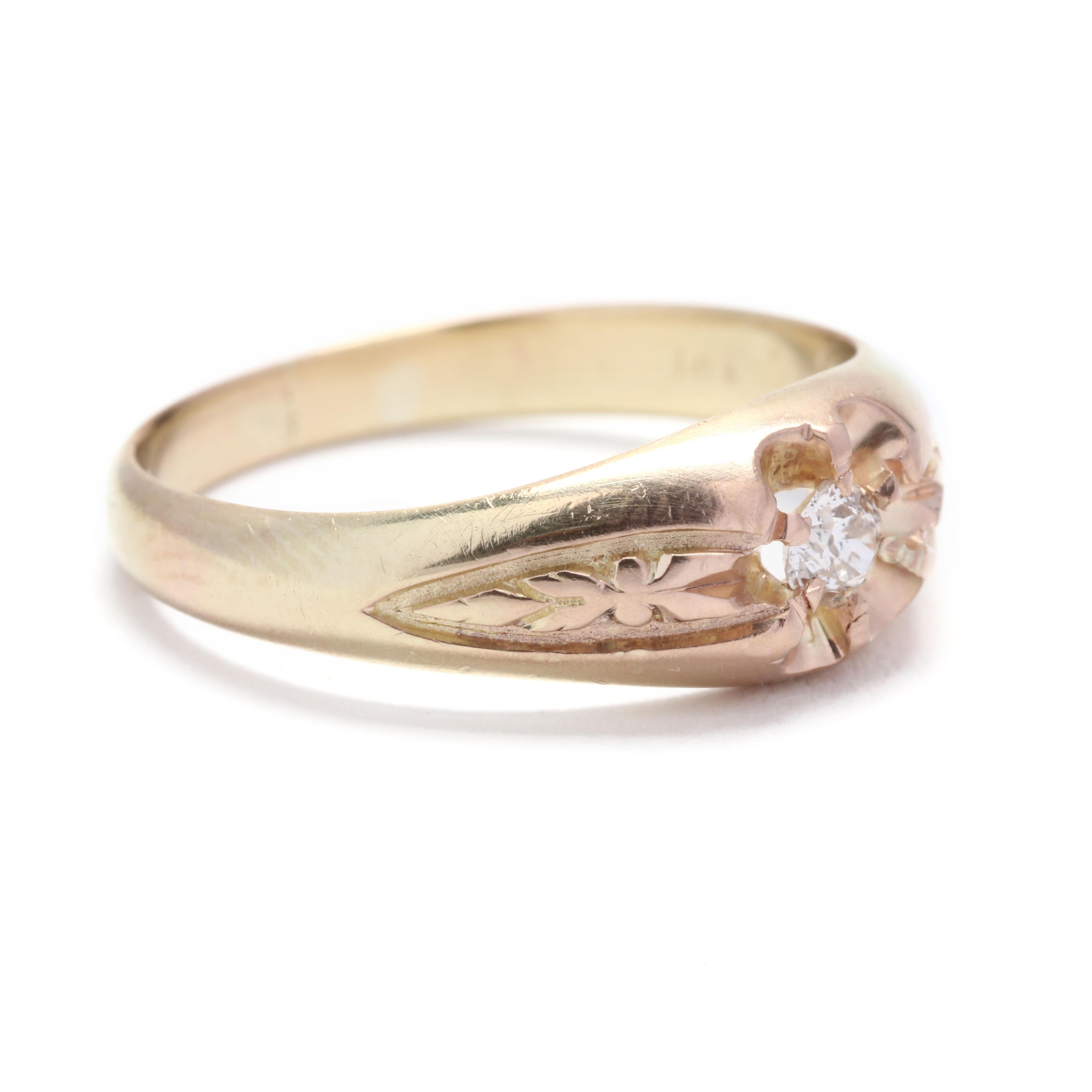 An antique 14 karat yellow gold diamond belcher ring. This ring features a tapered designer with a six prong set old European cut diamond weighing approximately .11 carat with floral detailing on the shoulders and engraved on the inside Edgar
