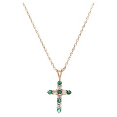 14Y Diamond & Emerald Cross Necklace