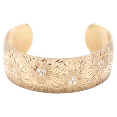 14Y Diamond Set Floral Engraved Cuff Bracelet