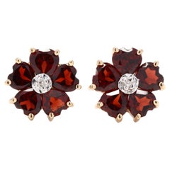 14Y Garnet & Diamond Flower Stud Earrings