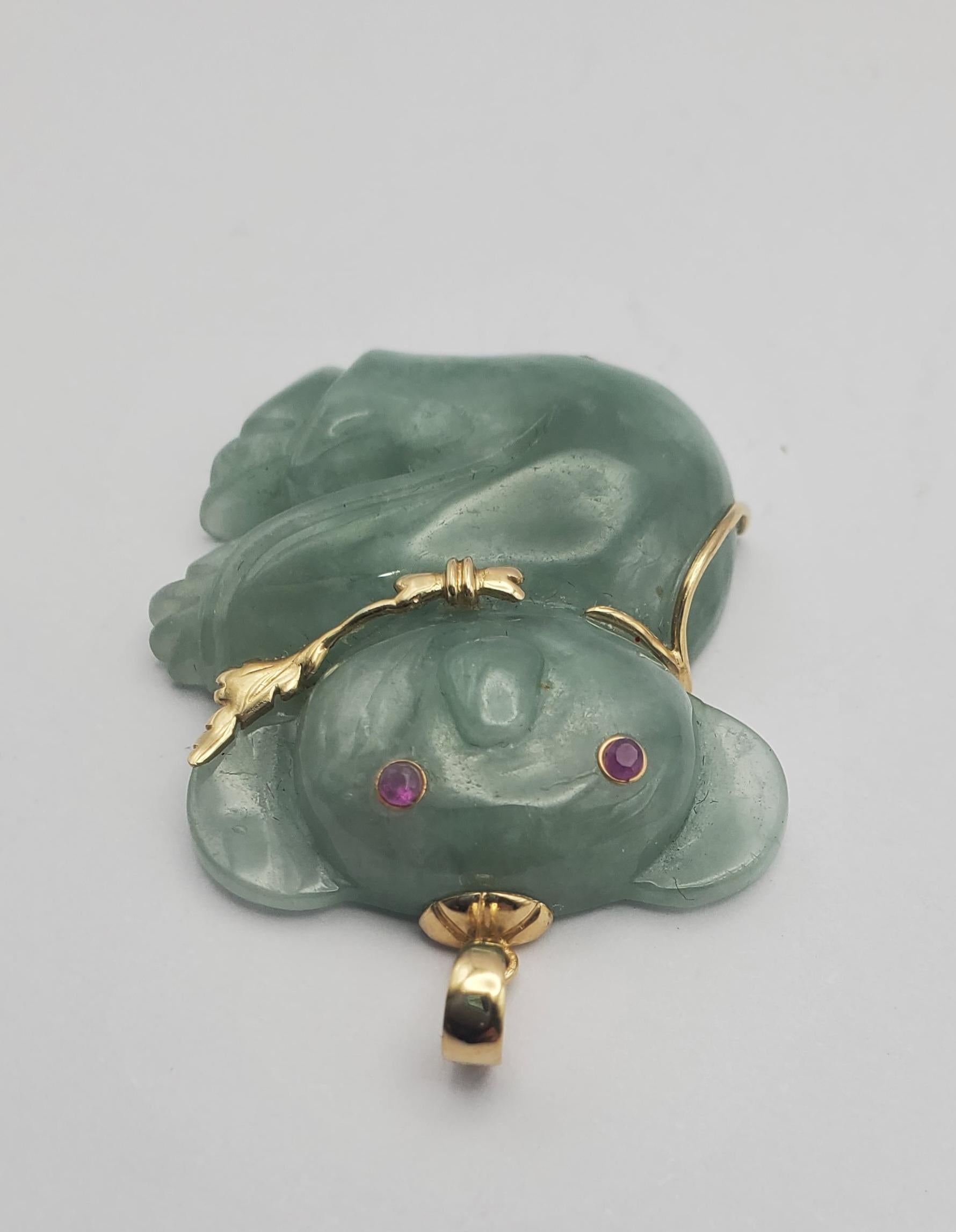 Contemporary 14Y Green-Blue Carved Jadeite & Ruby Koala Pendant   For Sale