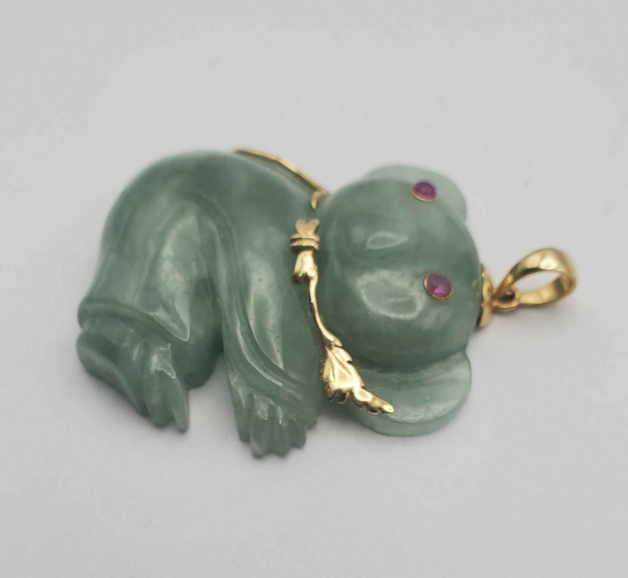 Round Cut 14Y Green-Blue Carved Jadeite & Ruby Koala Pendant   For Sale