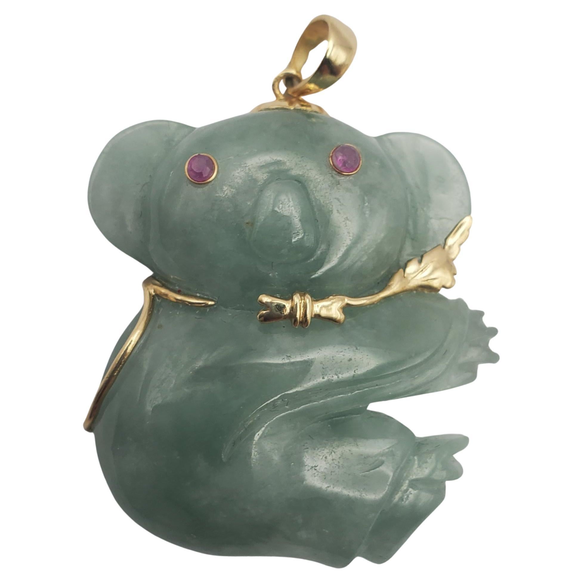 14Y Green-Blue Carved Jadeite & Ruby Koala Pendant   For Sale