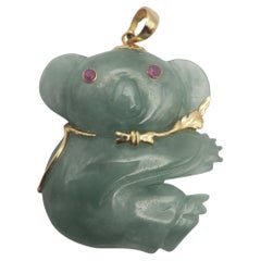 Vintage 14Y Green-Blue Carved Jadeite & Ruby Koala Pendant  