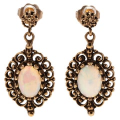14Y Oval Opal Scalloped Bead Dangle Earrings