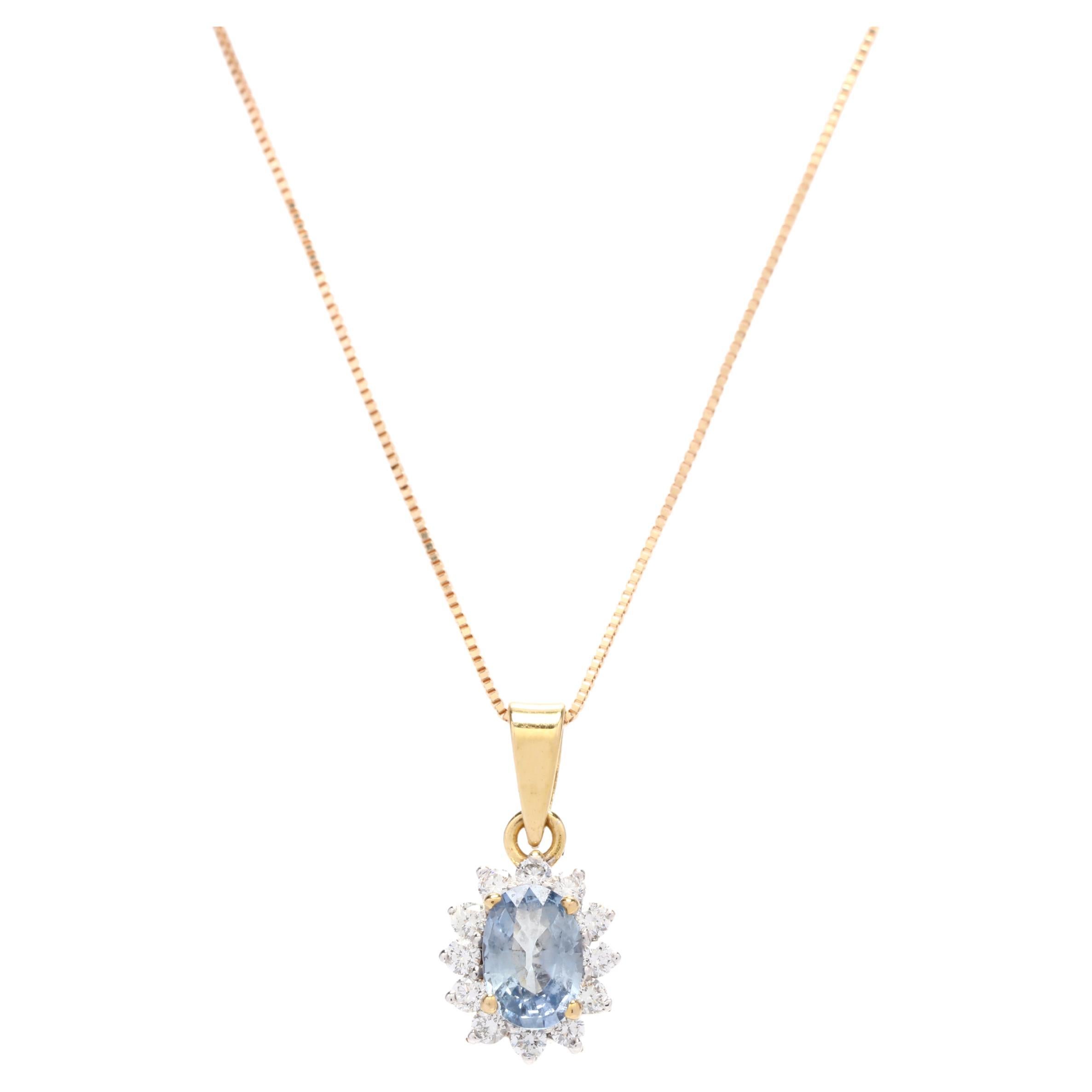 14Y Sapphire & Diamond Halo Pendant Necklace For Sale