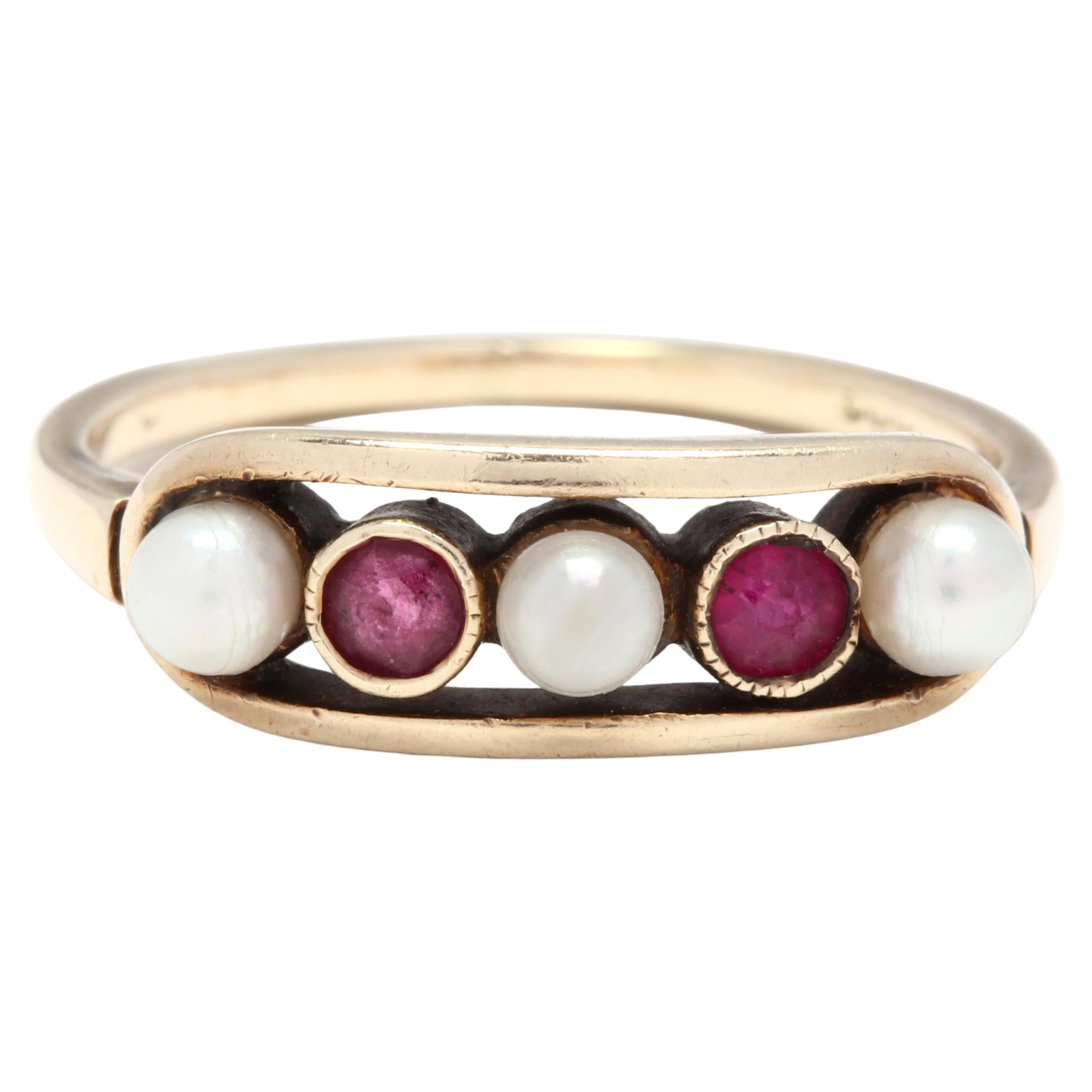 Antique Pearl Ring, Red Stone Band, July Birthstone, 1930s Gold Ring, Stackable 