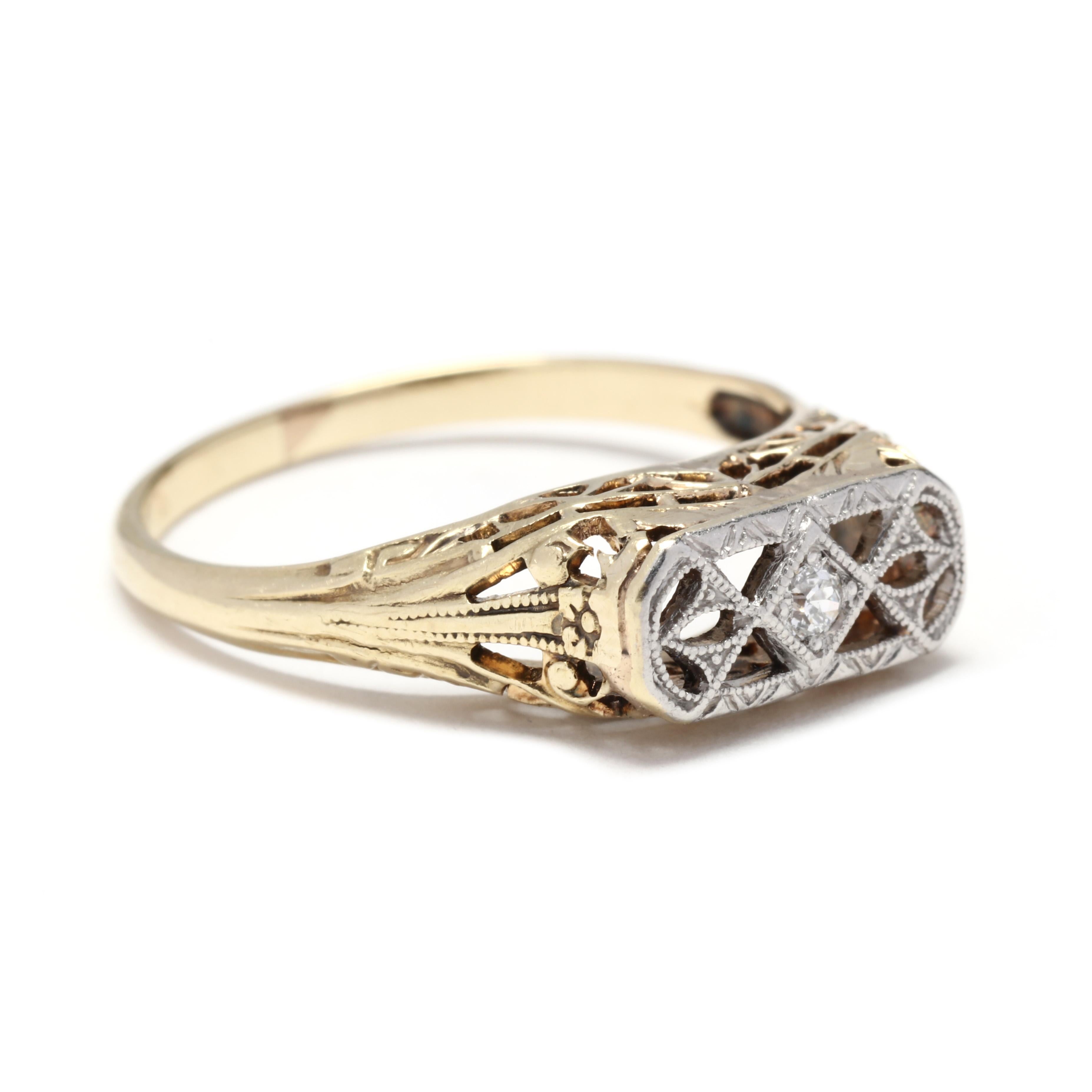 An antique Edwardian 14 karat yellow and white gold diamond filigree ring. This ring features a white gold, rectangular top design set with an old European cut diamond, with foliate filigree and engraving on the profile and shank.



Stones:

-