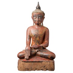 Statua di Buddha birmana antica del 15-16° secolo, in legno, proveniente dalla Birmania