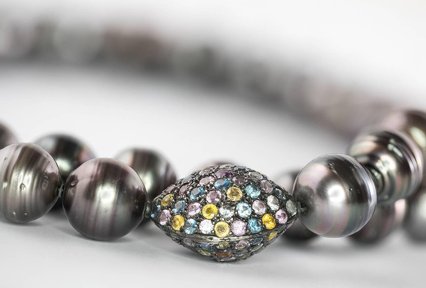Contemporary 15 - 17.5mm Tahitian Pearl Multi Colored Sapphire Long Necklace For Sale