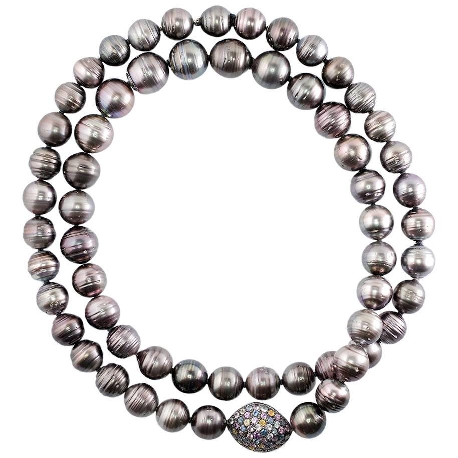 15 - 17.5mm Tahitian Pearl Multi Colored Sapphire Long Necklace For Sale
