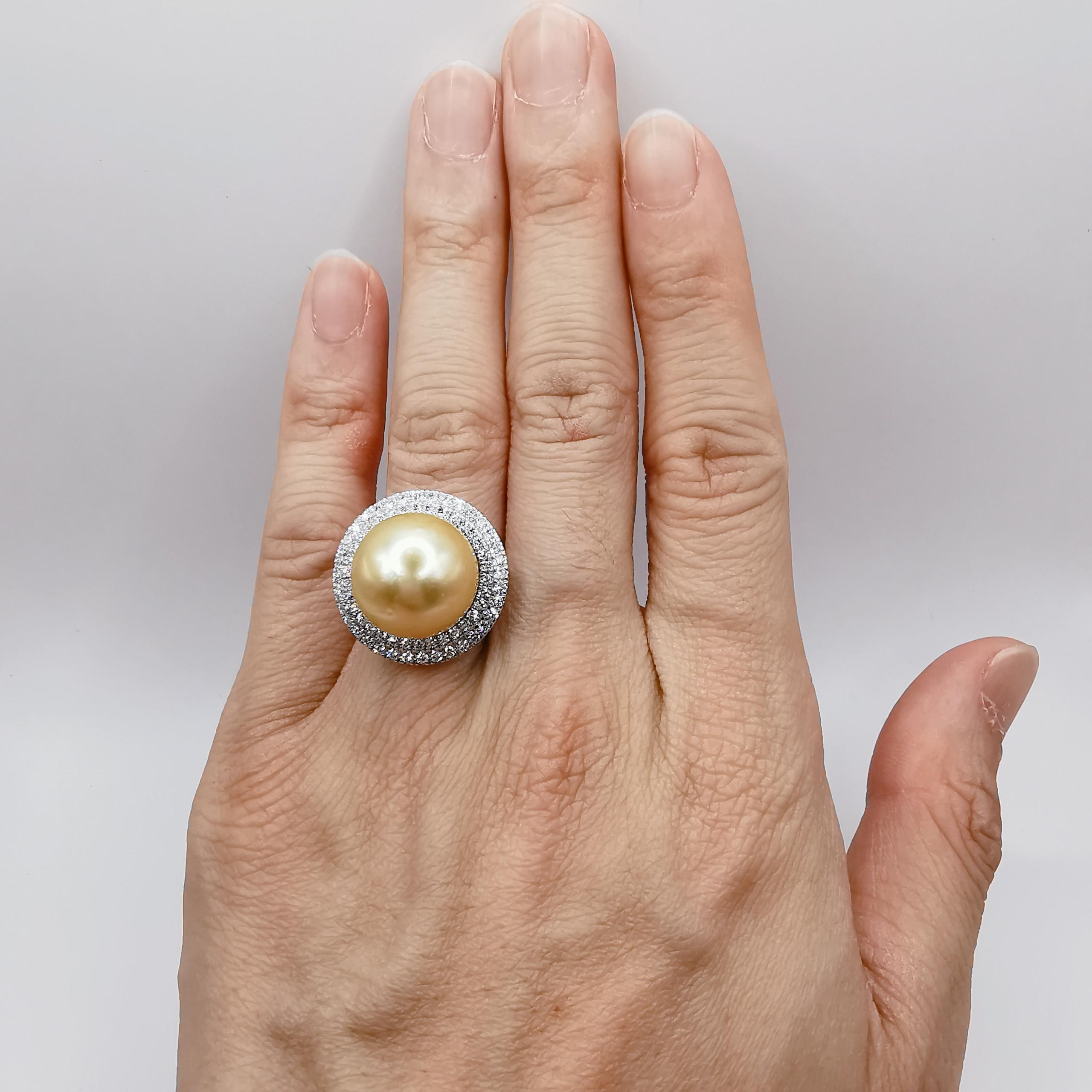 For Sale:  Golden South Sea Pearl Diamond Double Halo Ring in 18k White Gold 11
