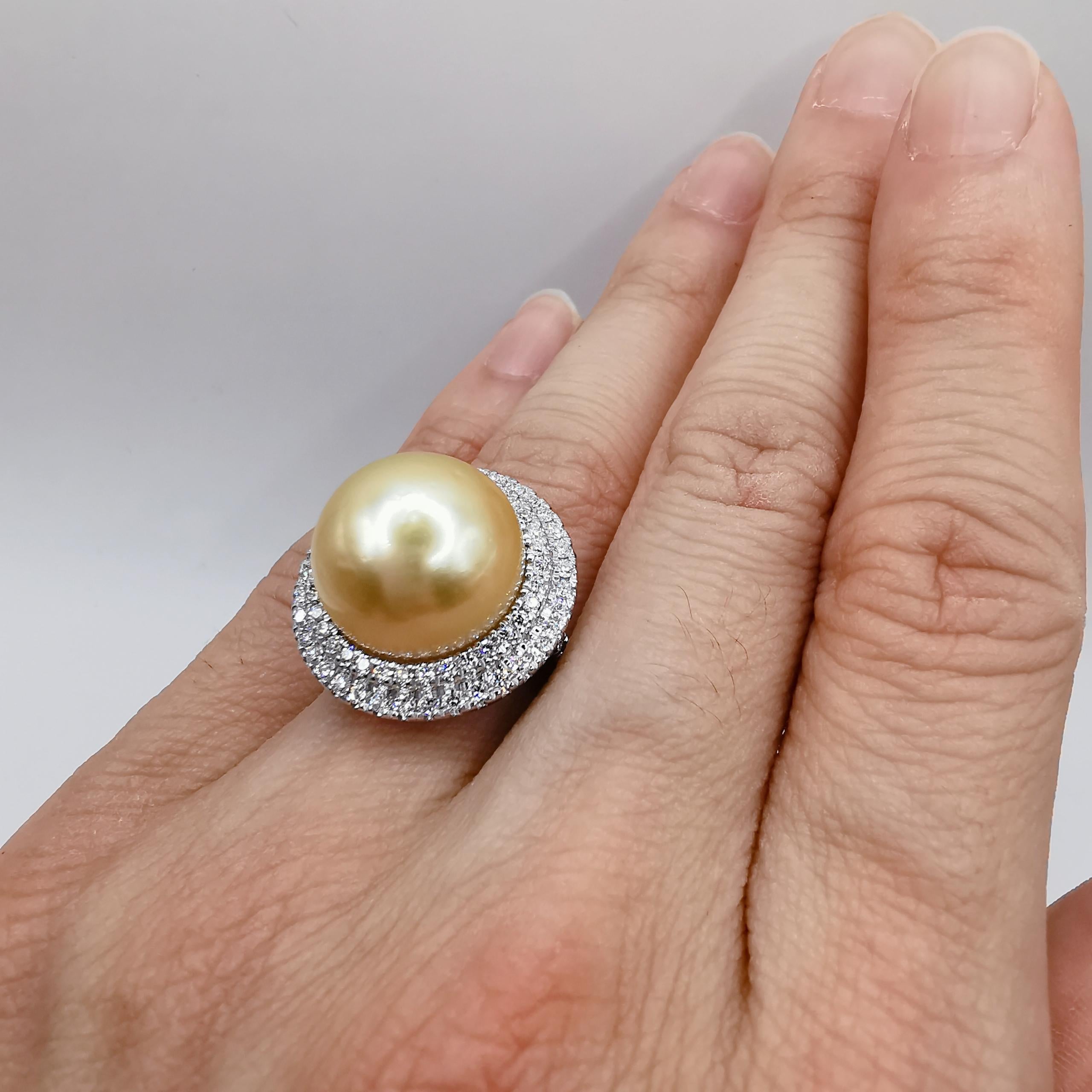 For Sale:  Golden South Sea Pearl Diamond Double Halo Ring in 18k White Gold 12