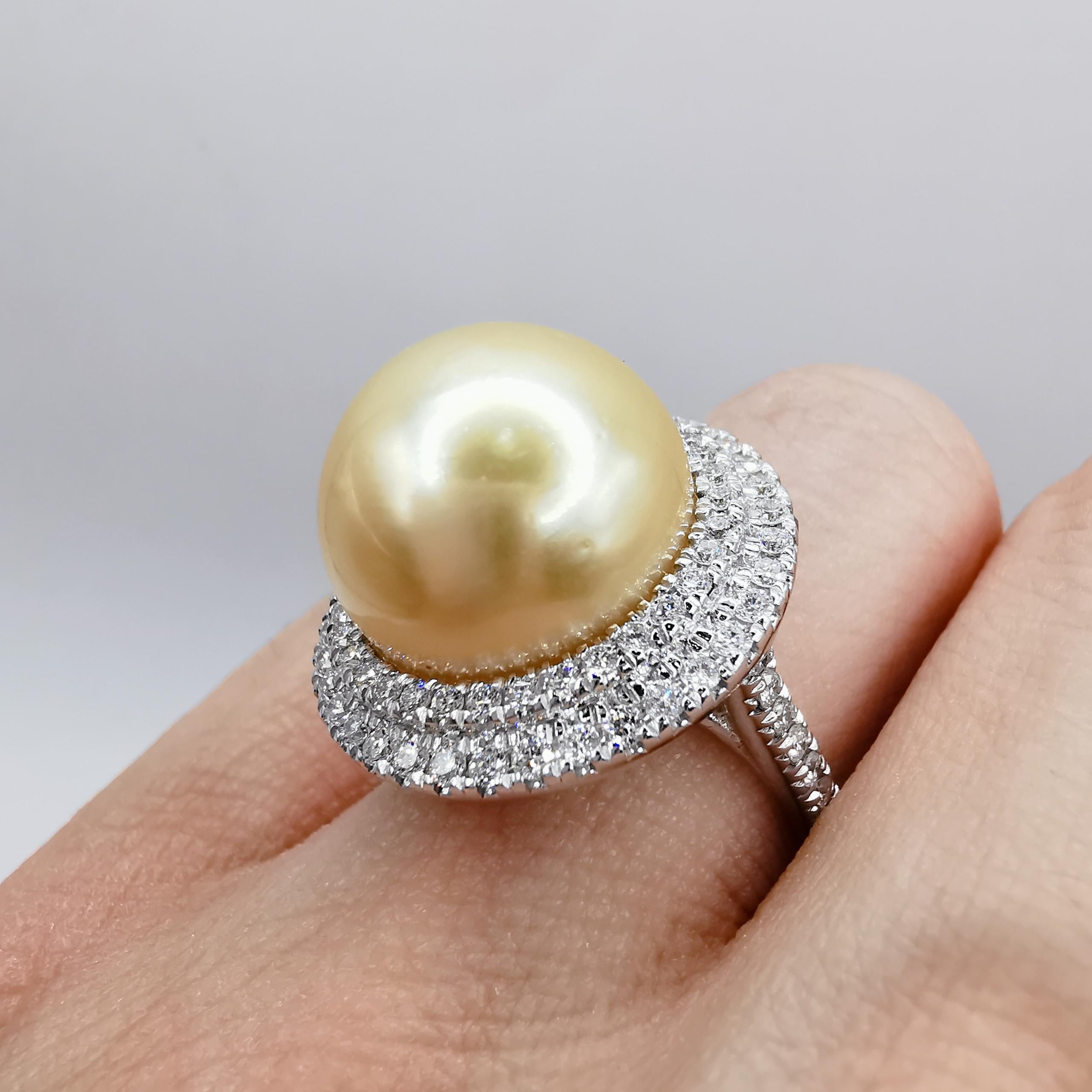 For Sale:  Golden South Sea Pearl Diamond Double Halo Ring in 18k White Gold 13