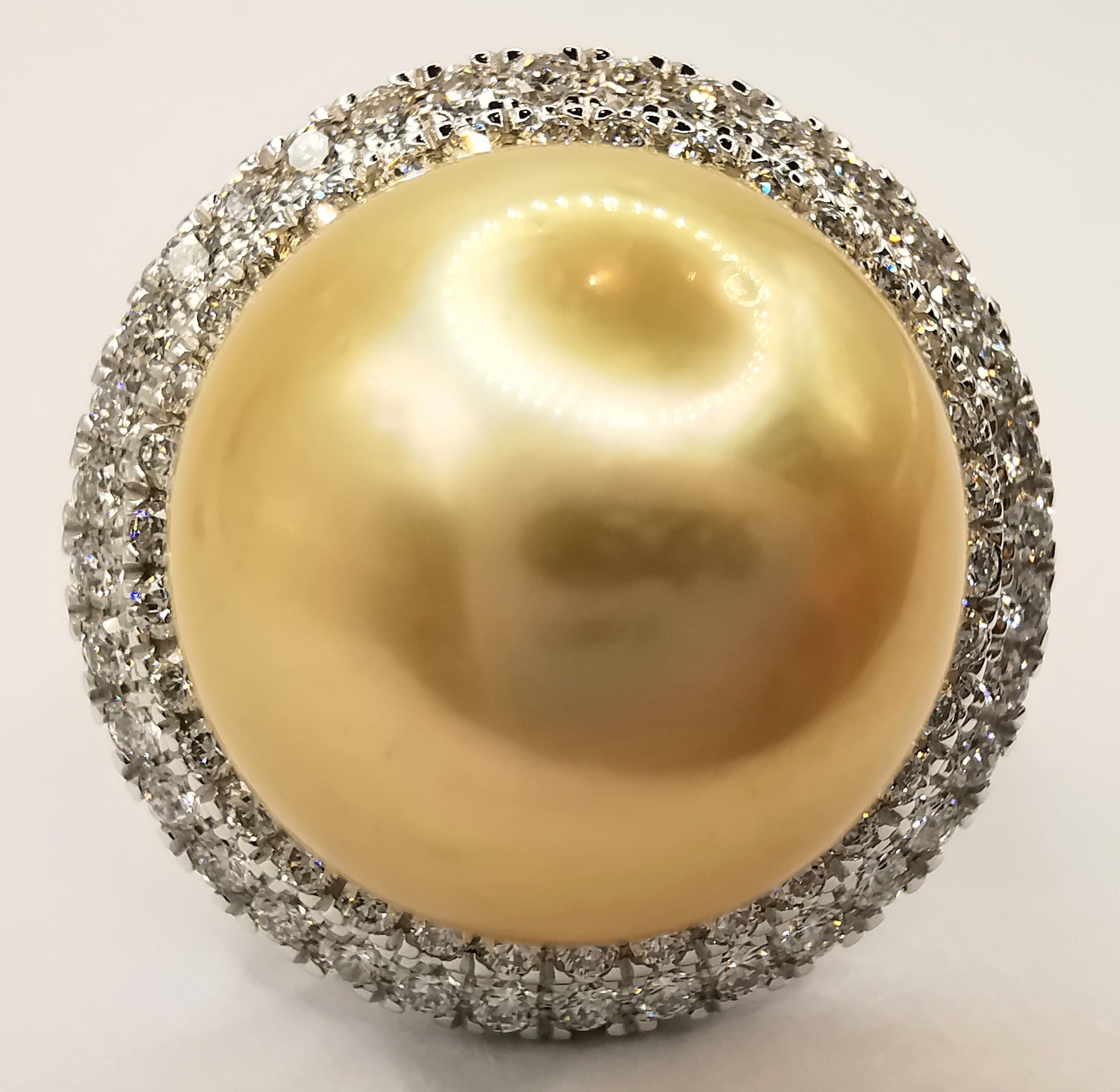 For Sale:  Golden South Sea Pearl Diamond Double Halo Ring in 18k White Gold 2