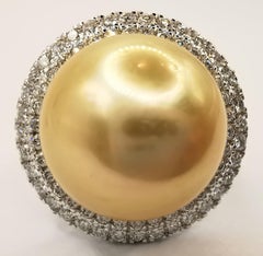 Golden South Sea Pearl Diamond Double Halo Ring in 18k White Gold
