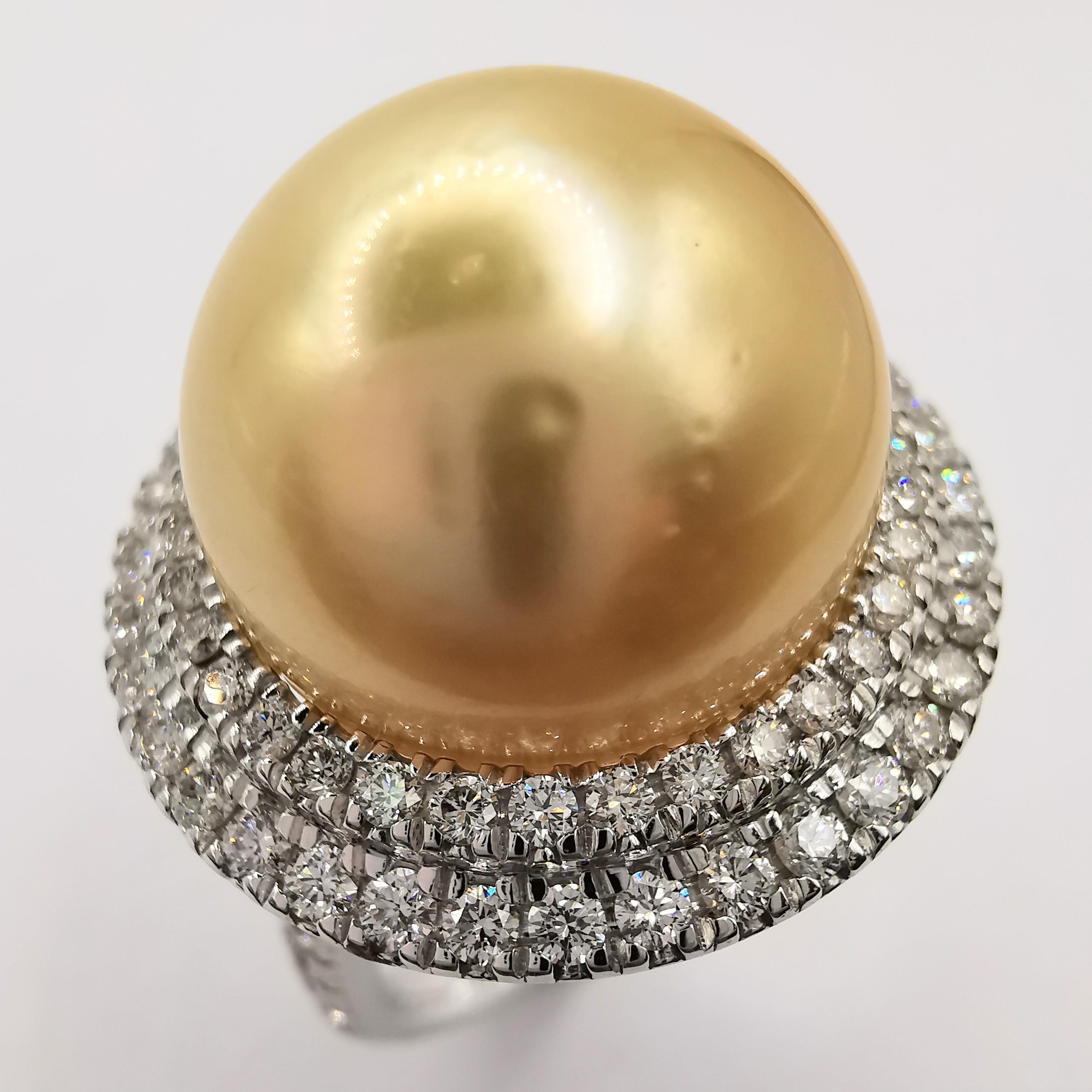 For Sale:  Golden South Sea Pearl Diamond Double Halo Ring in 18k White Gold 3
