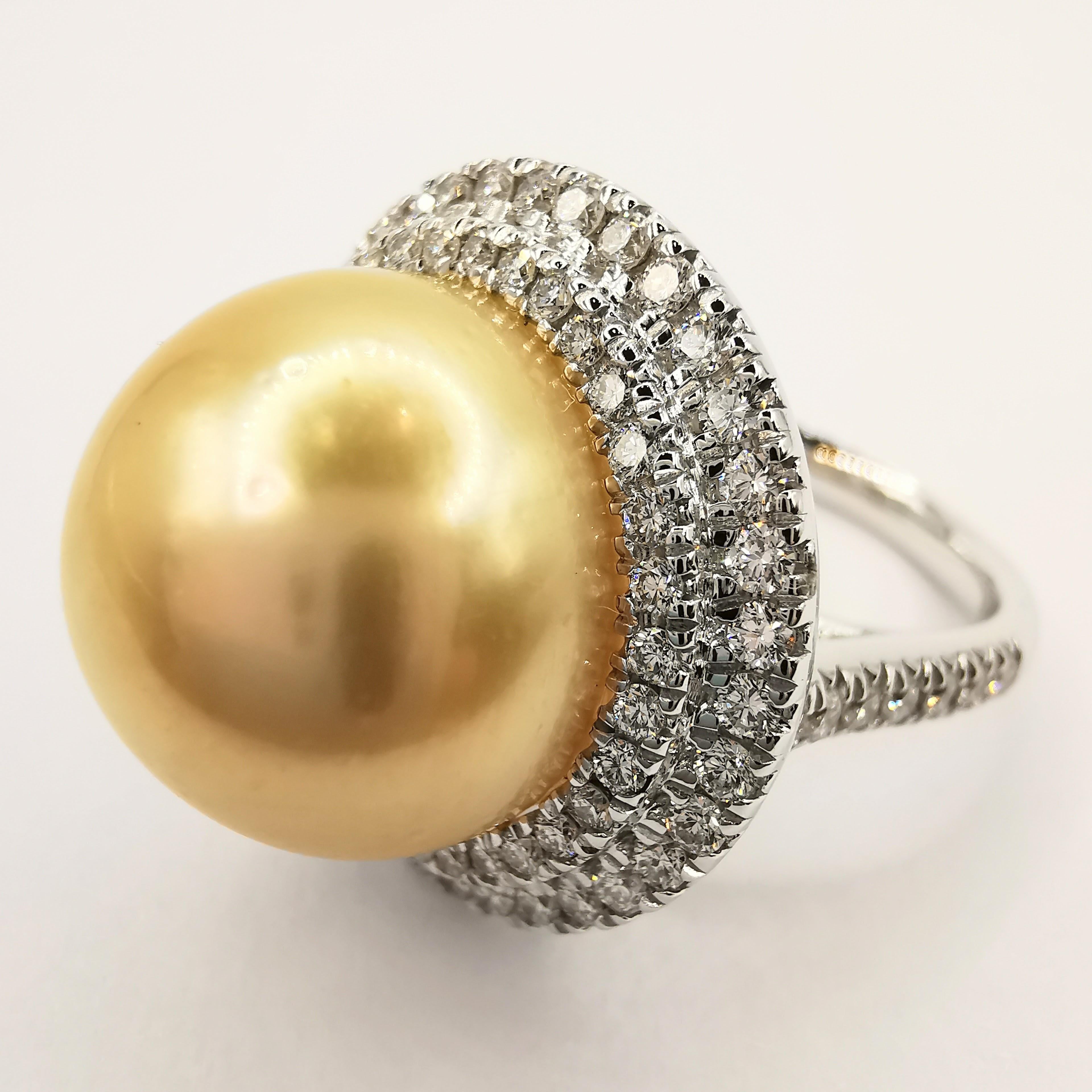 For Sale:  Golden South Sea Pearl Diamond Double Halo Ring in 18k White Gold 4
