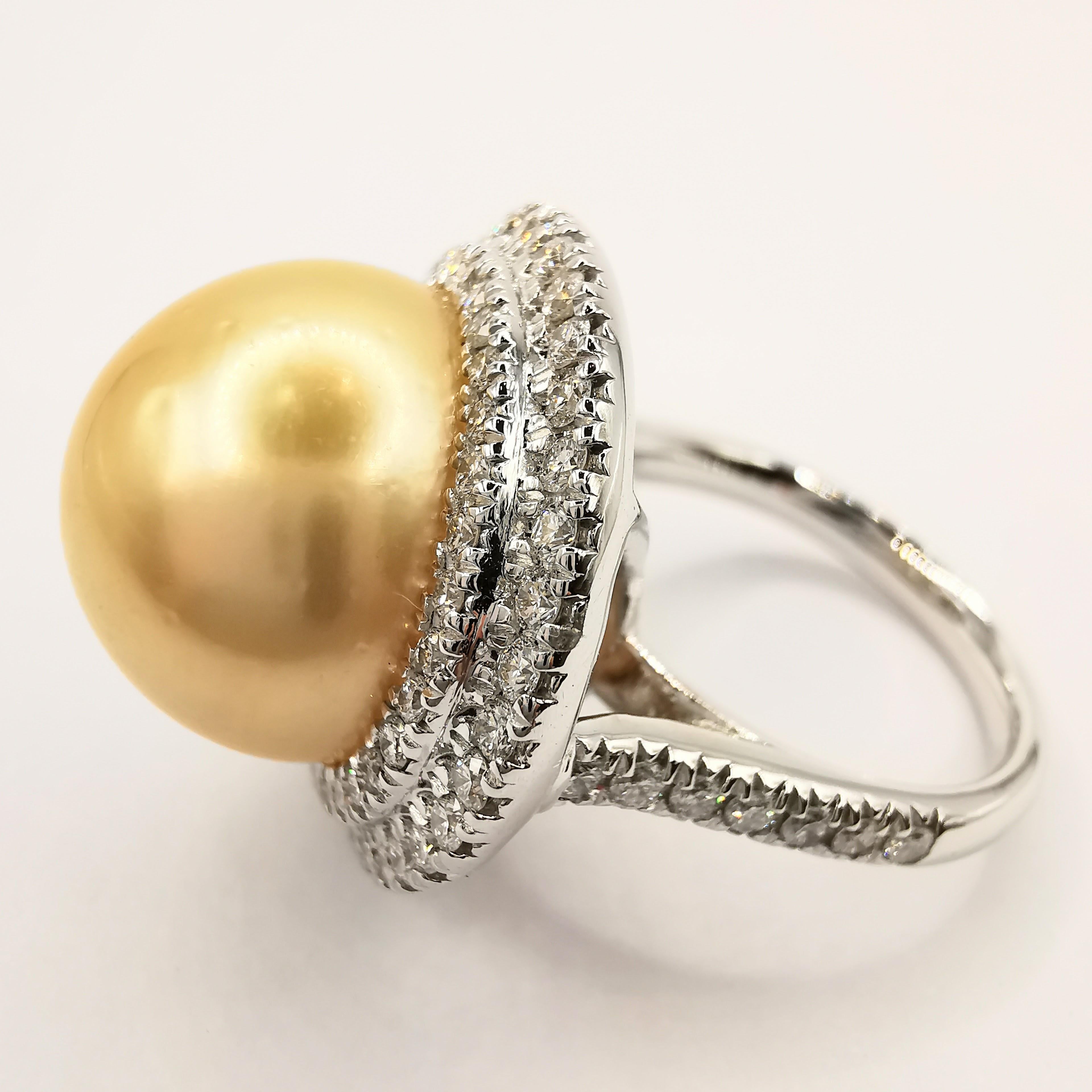For Sale:  Golden South Sea Pearl Diamond Double Halo Ring in 18k White Gold 5