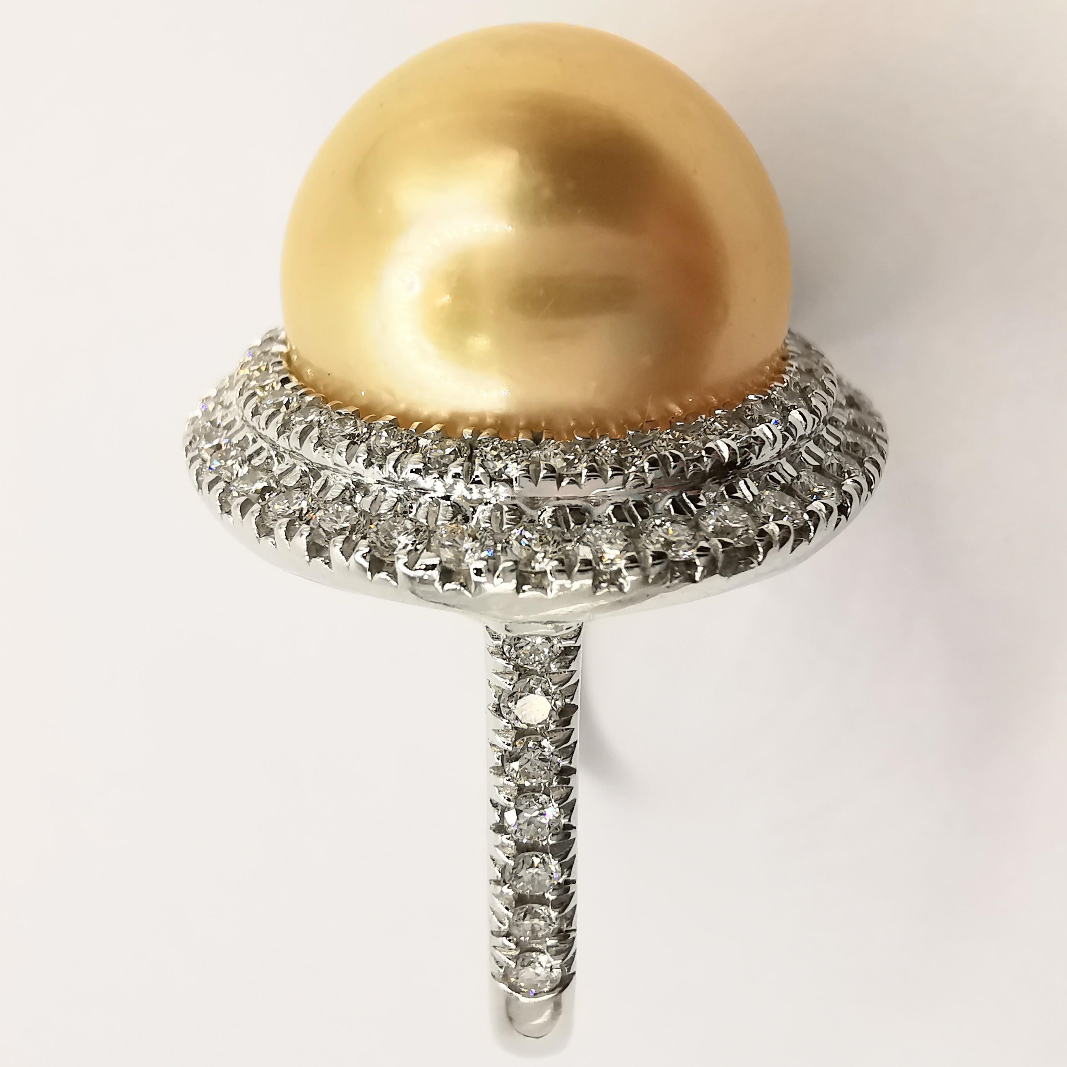 For Sale:  Golden South Sea Pearl Diamond Double Halo Ring in 18k White Gold 6