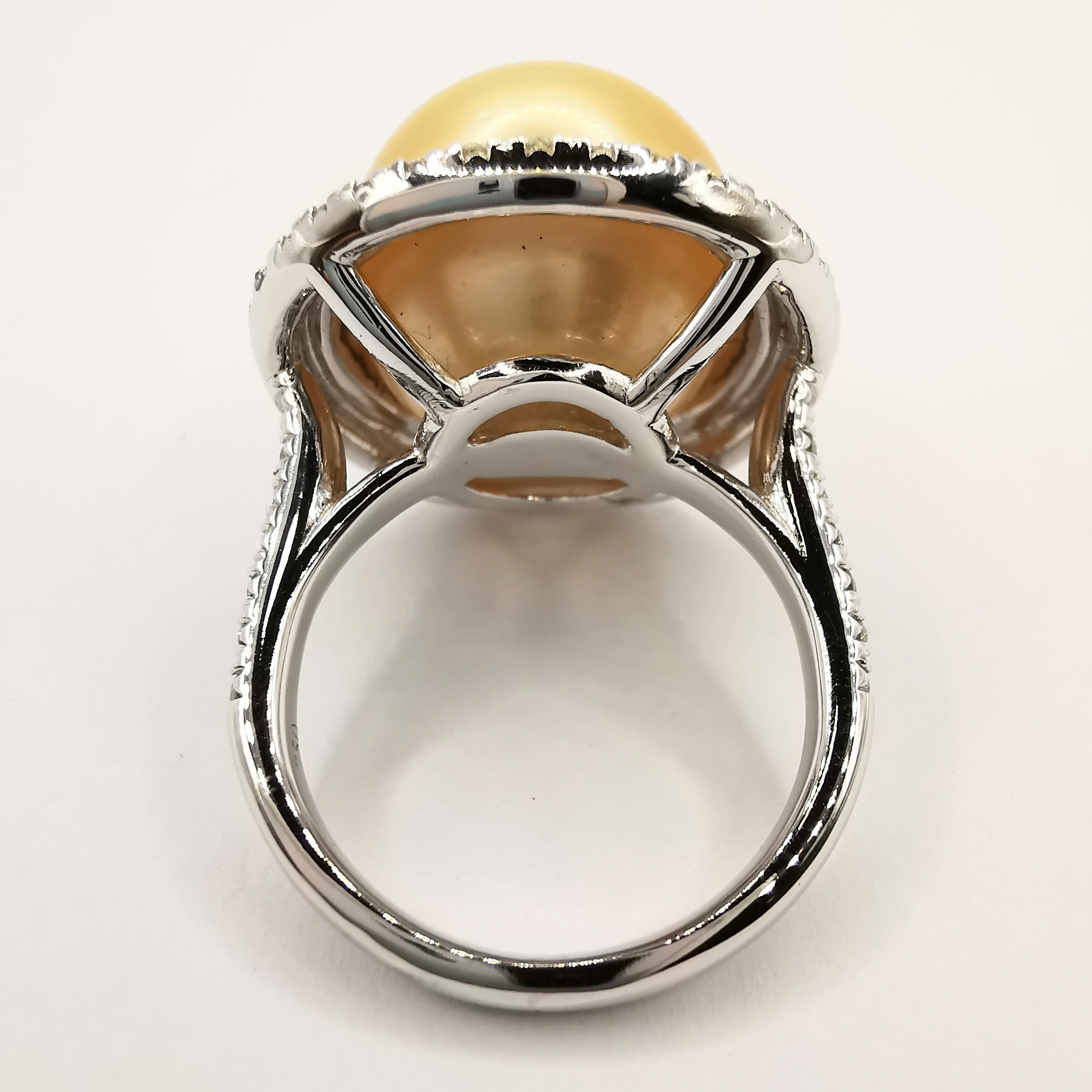 For Sale:  Golden South Sea Pearl Diamond Double Halo Ring in 18k White Gold 9