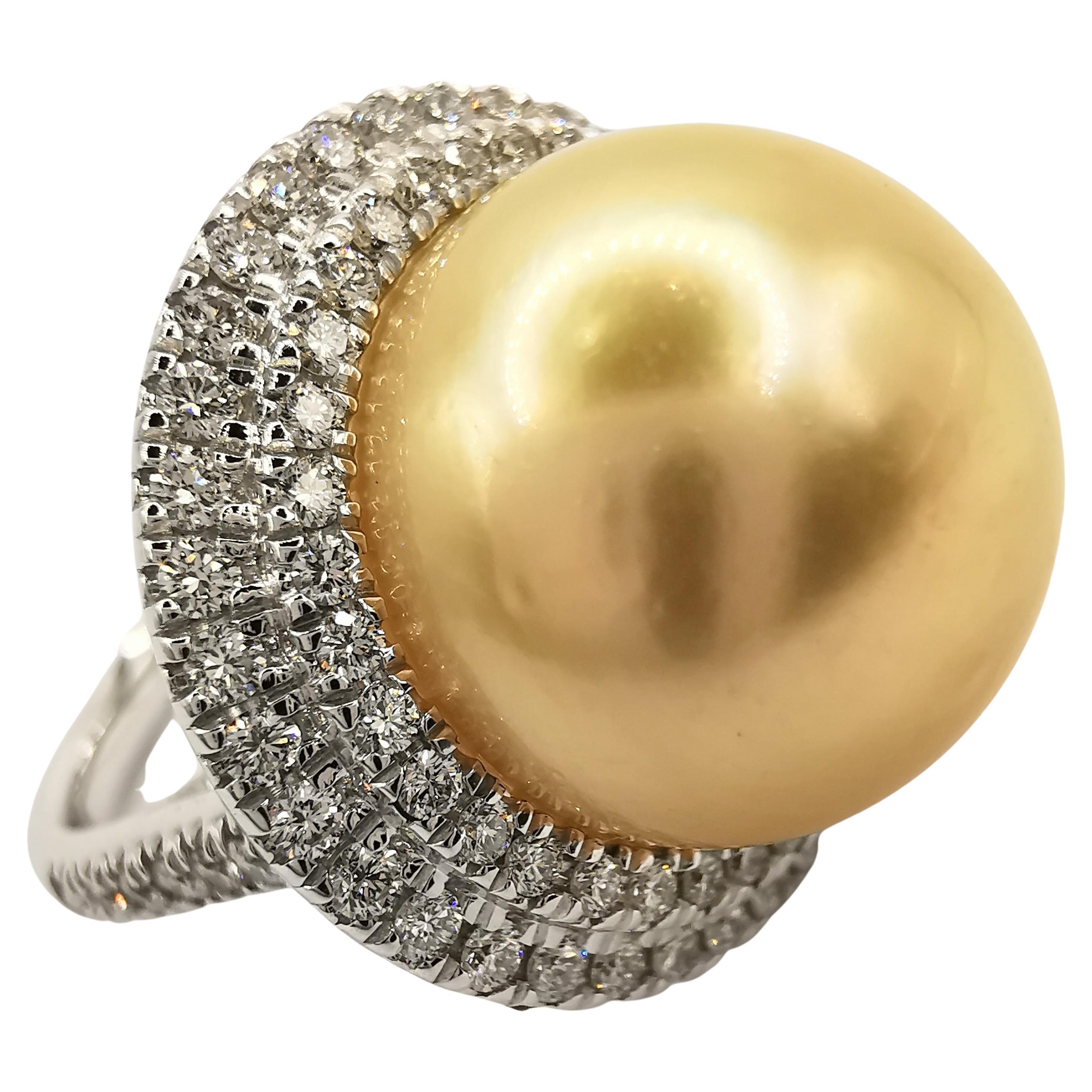 For Sale:  Golden South Sea Pearl Diamond Double Halo Ring in 18k White Gold