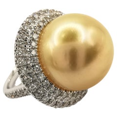 Golden South Sea Pearl Diamond Double Halo Ring in 18k White Gold