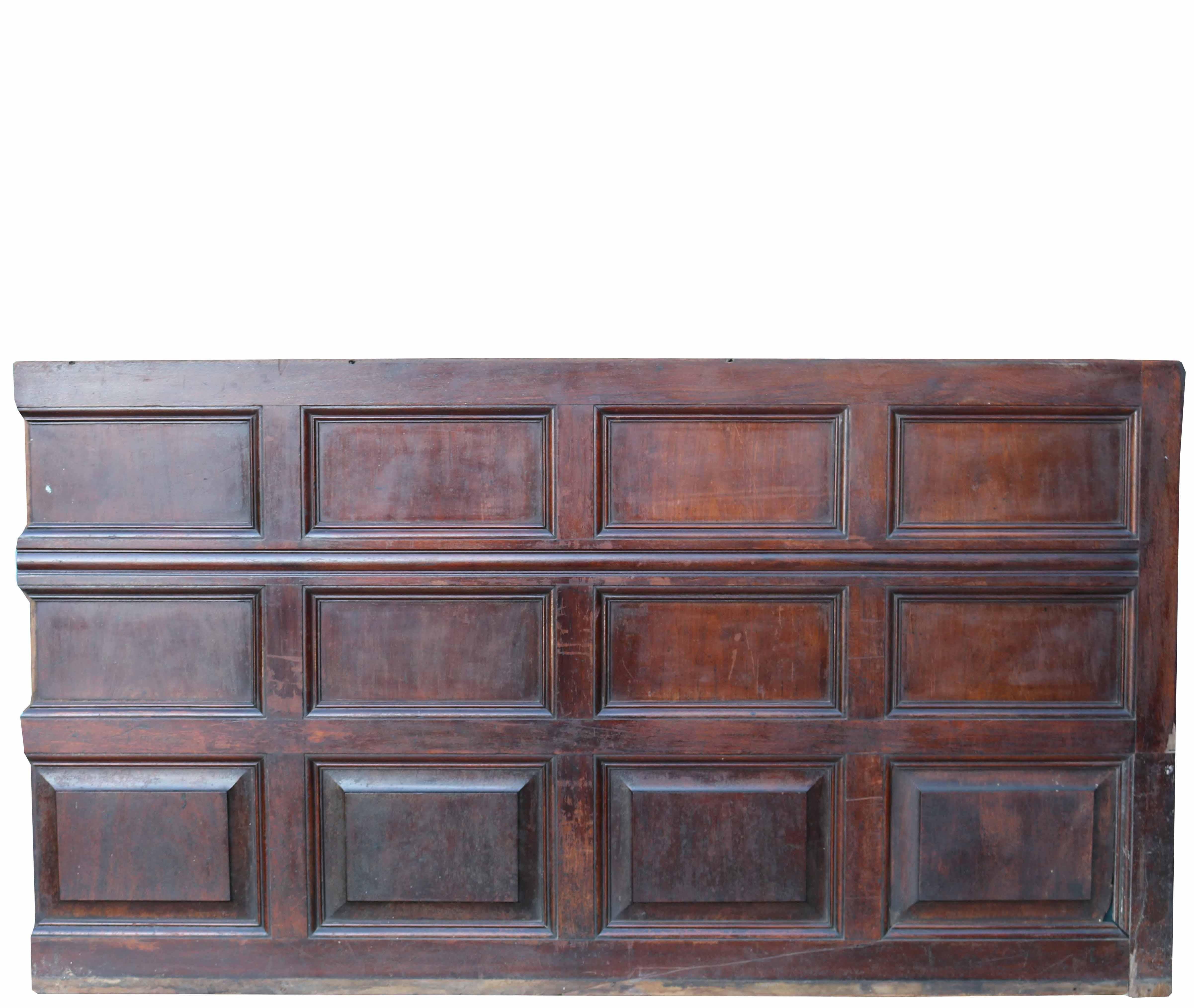 About:

A 15.7 linear meters run of antique mahogany wall panelling. There are 9 main panelling pieces with additional skirting and moulding for the top edge. Reclaimed from a property in Birmingham.

Condition report:

Mostly in very good