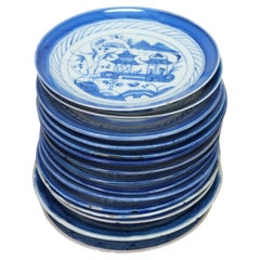 15 Antique Chinese Export Canton Blue White Pagoda Boats Bread Plates 6"