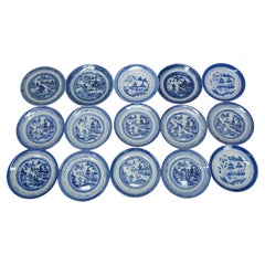 15 Antique Chinese Export Canton Blue White Pagoda Boats Bread Plates 6"
