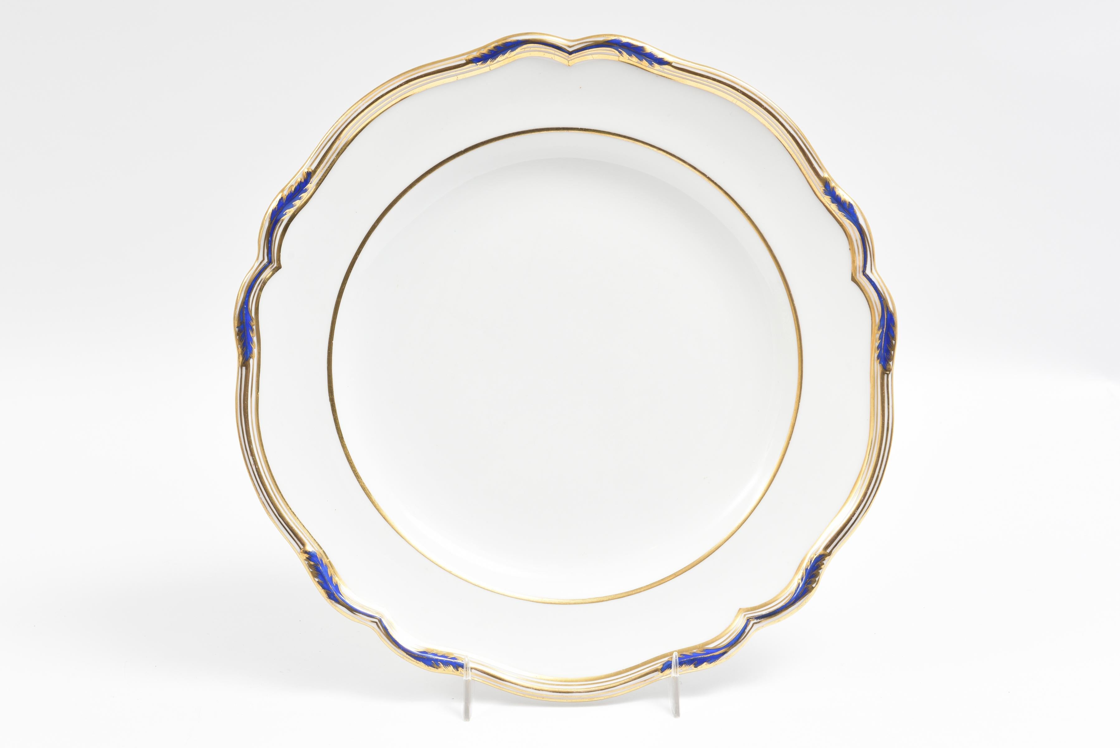 British 15 Antique Cobalt and Gold Dinner Plates, Spode, England Scalloped Shape Edge