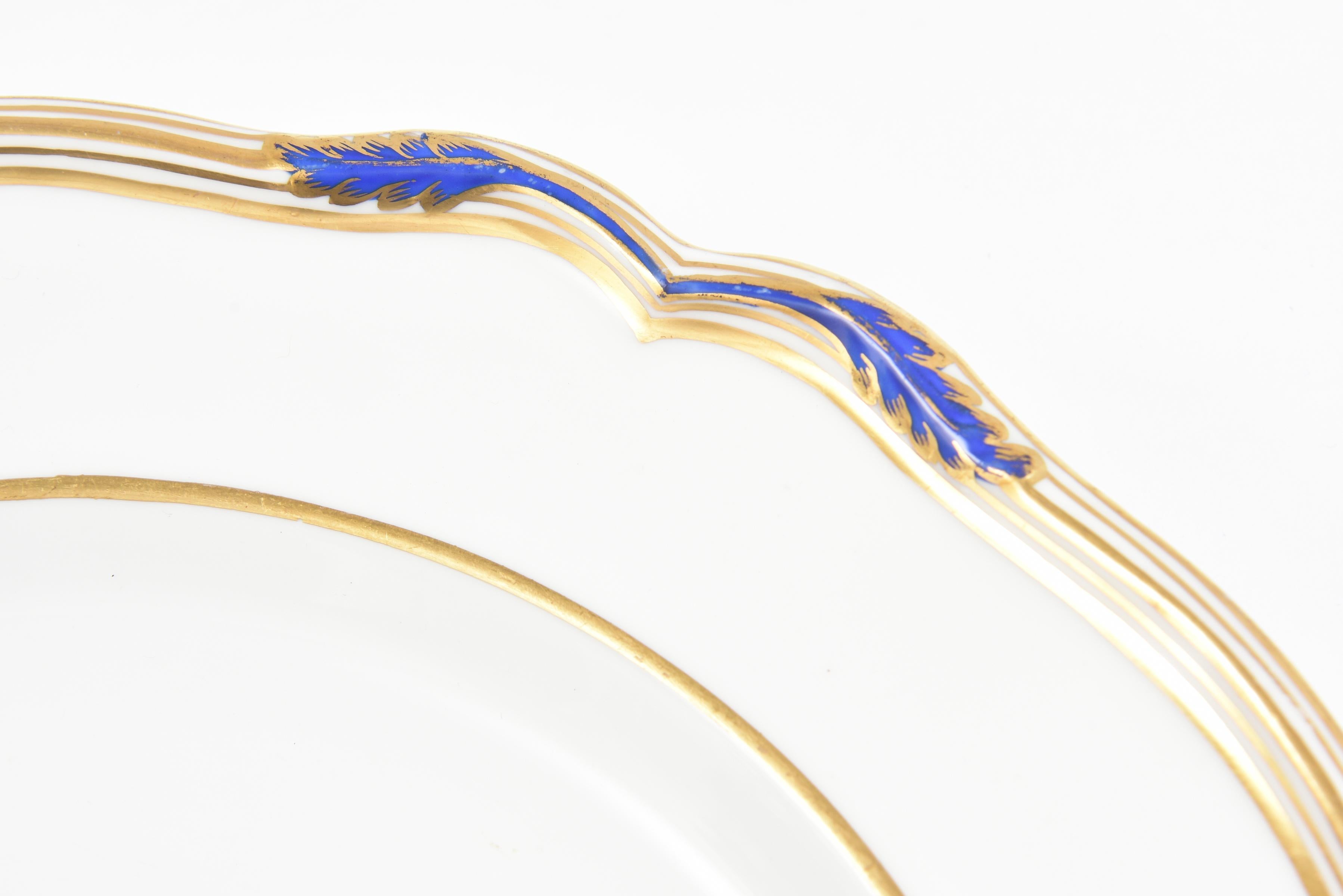 Early 20th Century 15 Antique Cobalt and Gold Dinner Plates, Spode, England Scalloped Shape Edge