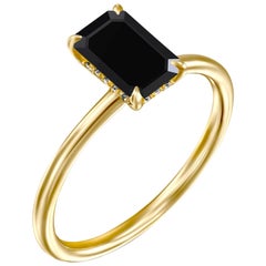 1.5 Carat 14 Karat Yellow Gold Certified Emerald Black Diamond Engagement Ring