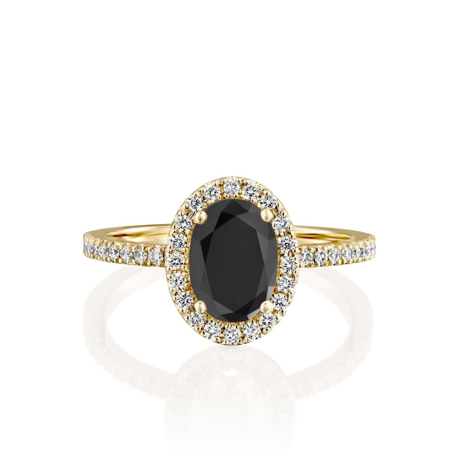 Beautiful solitaire with accents vintage style diamond engagement ring. Center stone is natural, oval shaped, AAA quality Black Diamond of 1 carat and it is surrounded by smaller natural diamonds approx. 0.5 total carat weight. The total carat
