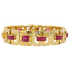 Bracciale in oro giallo 18 carati con diamanti, rubellite e rubino da 15 carati