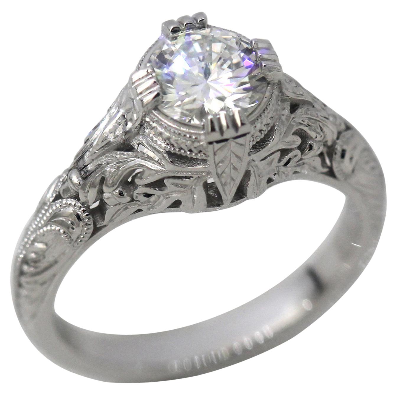 1.5 Carat Approx. TW Round Diamond Art Deco Style Hand Engraved Ring, Ben Dannie For Sale