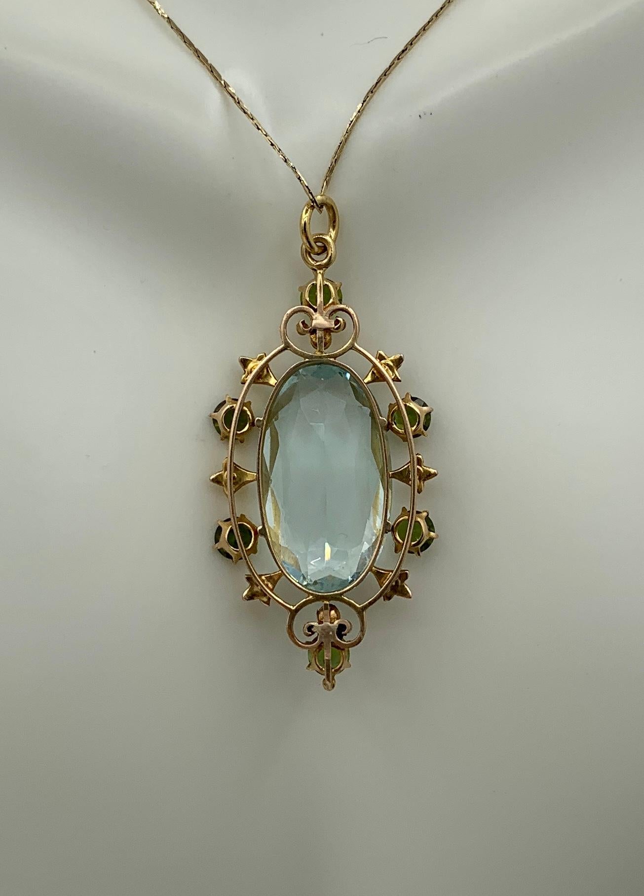 15 Carat Aquamarine Green Tourmaline Pendant Necklace Art Deco 14 Karat Gold For Sale 5