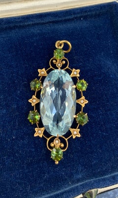 15 Carat Aquamarine Green Tourmaline Pendant Necklace Art Deco 14 Karat Gold