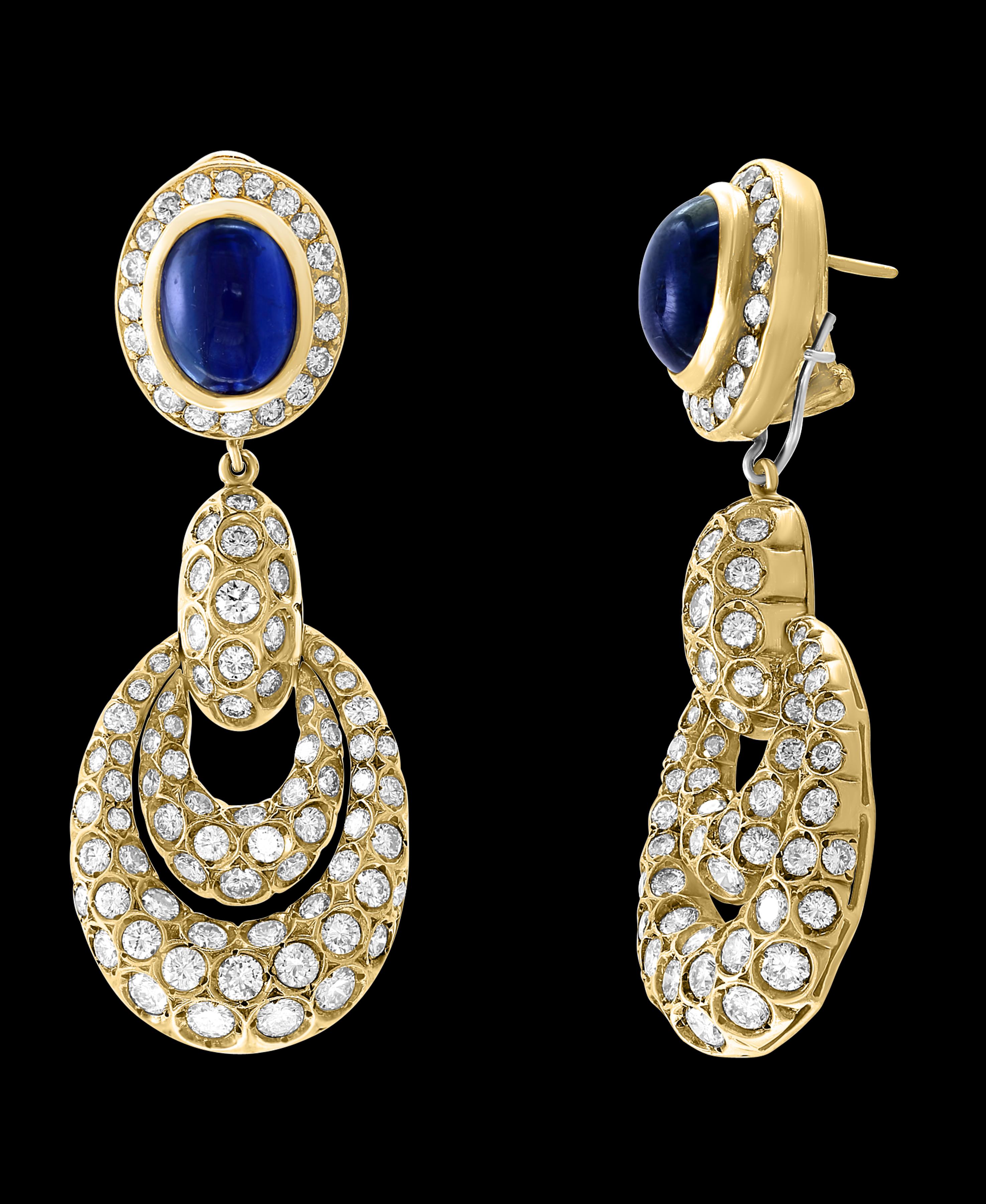 Women's 15 Carat Blue Sapphire and Diamond Hanging /Cocktail/Drop Earring 18 Karat Gold For Sale