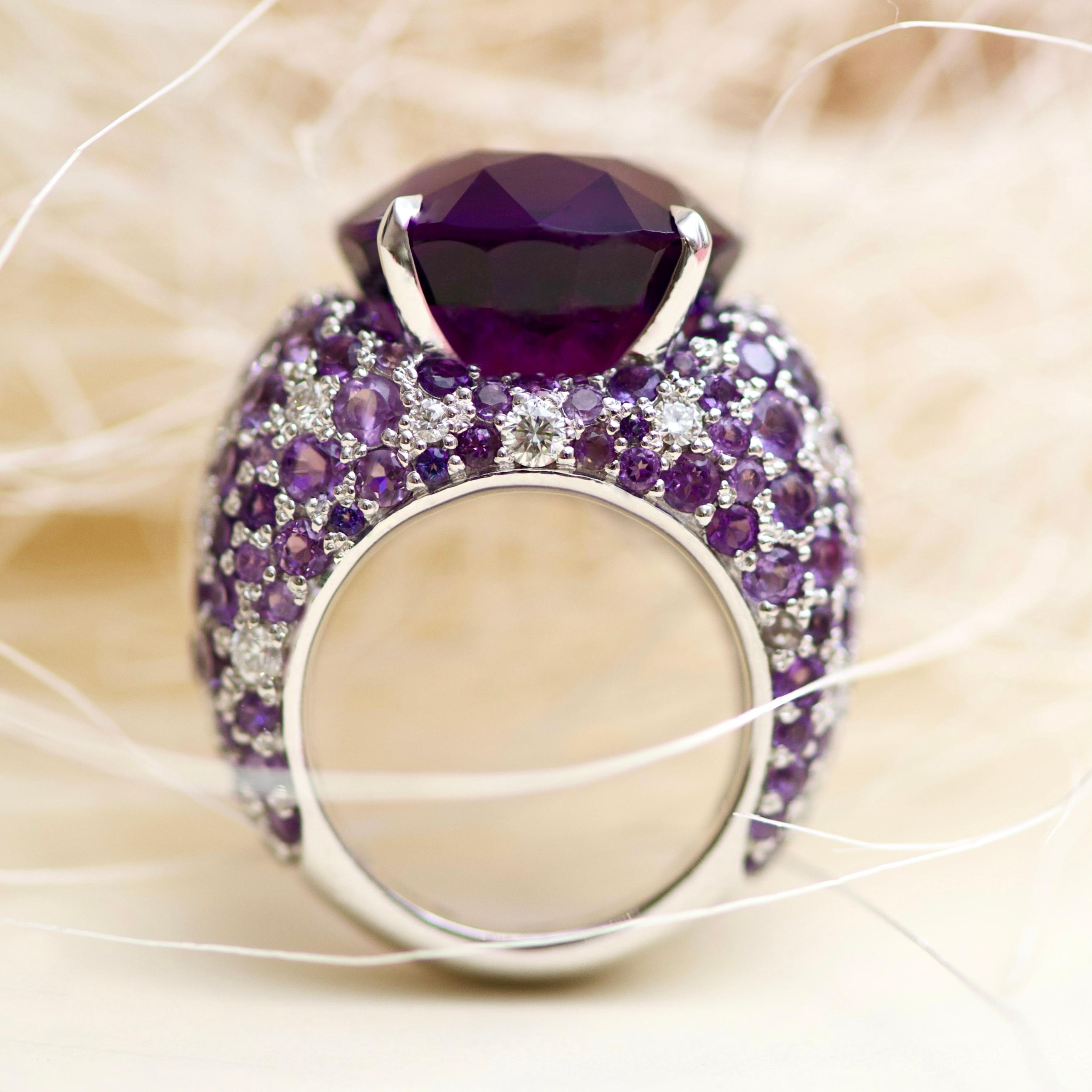15 Carat Brazilian Purple Amethyst Diamonds 14 Karat White Gold Cocktail Ring 1