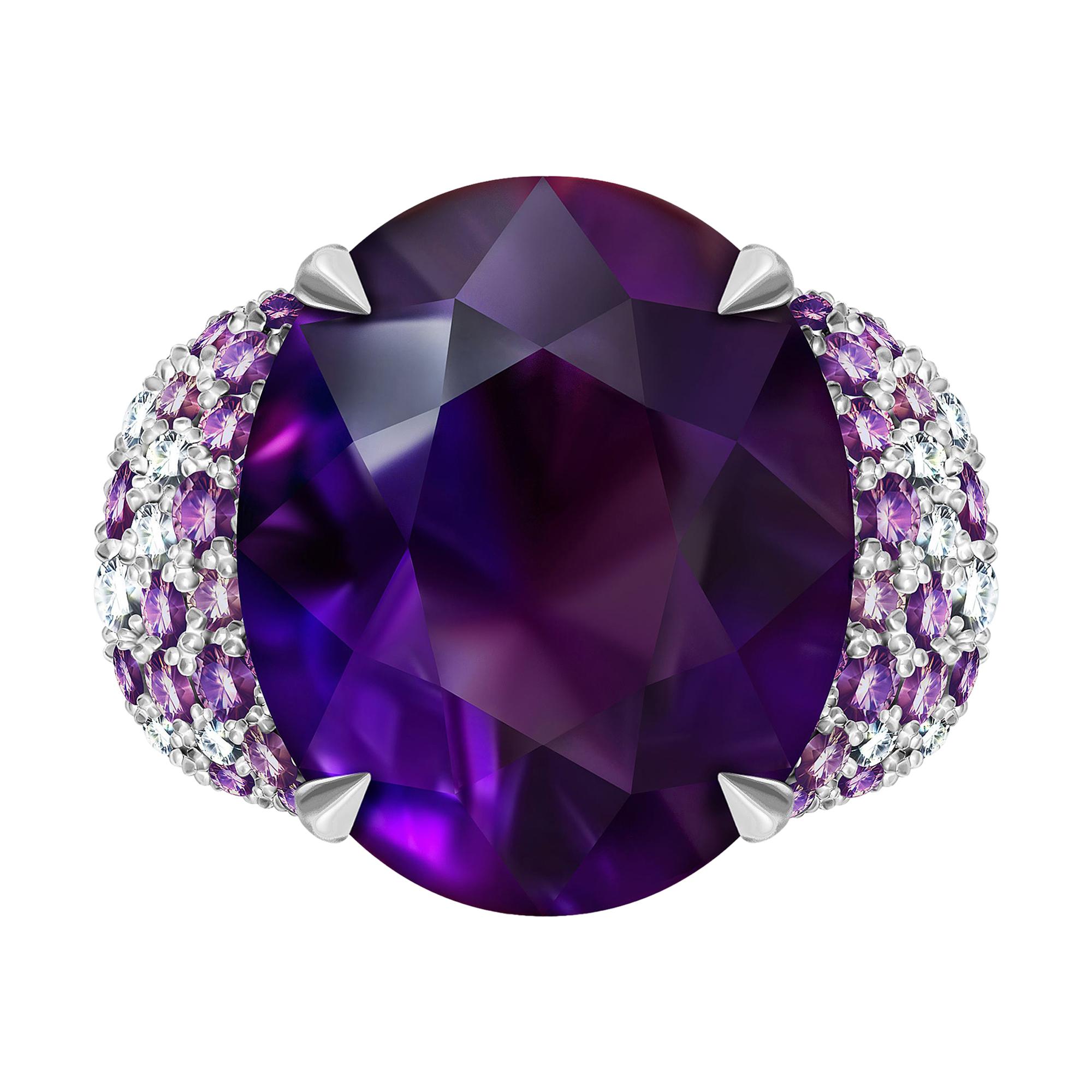 15 Carat Brazilian Purple Amethyst Diamonds 14 Karat White Gold Cocktail Ring