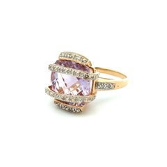 15 Carat Checkerboard Amethyst Wrapped in Diamonds Gold Vintage Ring
