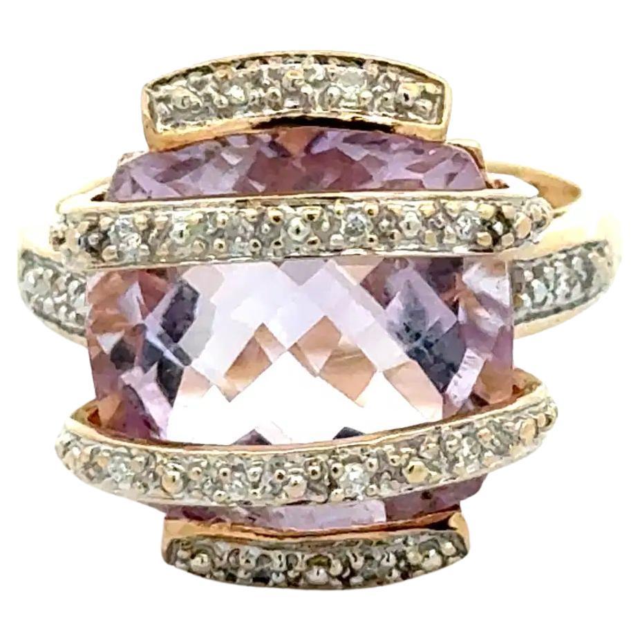 15 Carat Checkerboard Amethyst Wrapped in Diamonds Gold Vintage Ring For Sale